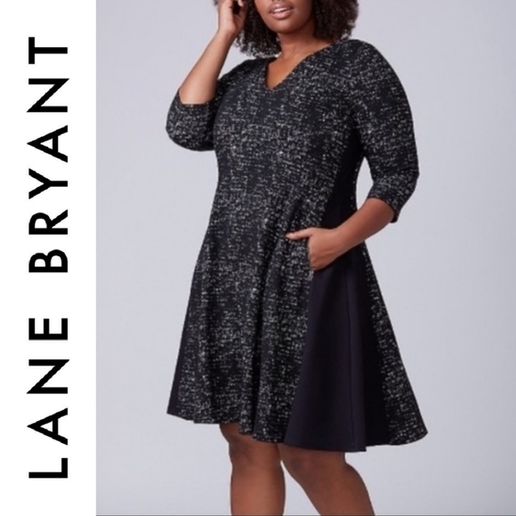 LANE BRYANT 3/4 Sleeve Black White Fit & Flare V-Neck Holiday Career Dress 14/16 - Picture 1 of 15